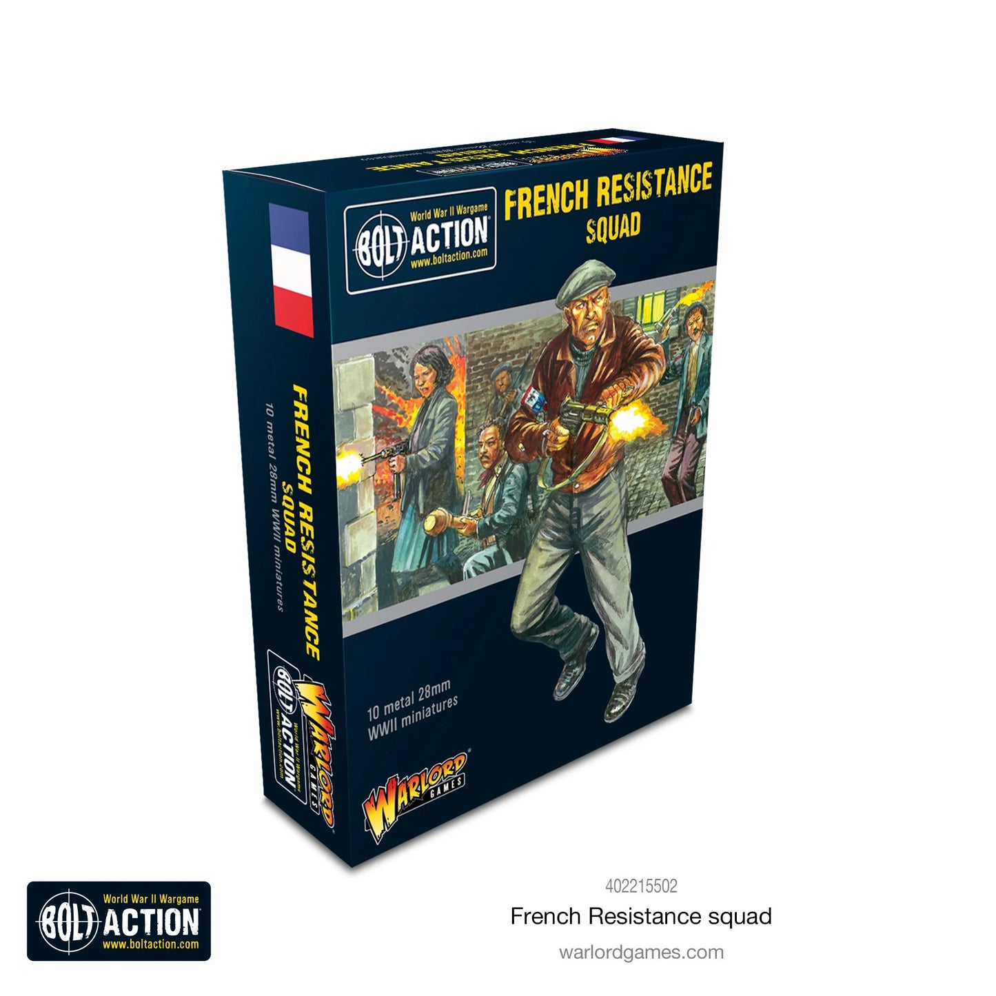 French Resistance Squad - Bolt Action 28mm - pudełko ilustracja kolorowa partyzanci Maquis walka uliczna Sten gun MP40 kobieta mężczyzna cywilne ubrania flaga francuska 10 metalowych figurek - Warlord Games