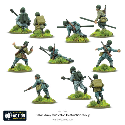 Italian Army Guastatori Destruction Group - Bolt Action 28mm - widok z tyłu: 10 inżynierów szturmowych z plecakami, torpedami bangalore, miotaczami ognia, hełmy stalowe, maski gazowe, różne mundury grigio-verde i khaki - detale wyposażenia niszczycieli - skala 1/56 - Warlord Games