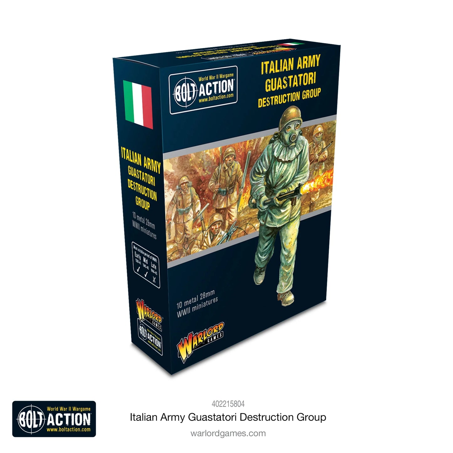 Italian Army Guastatori Destruction Group - Bolt Action 28mm - opakowanie produktu z dramatyczną ilustracją: Guastatori w maskach gazowych z miotaczami ognia niszczący fortyfikacje w płomieniach i eksplozjach - 10 metalowych figurek 28mm WWII miniatures - Warlord Games