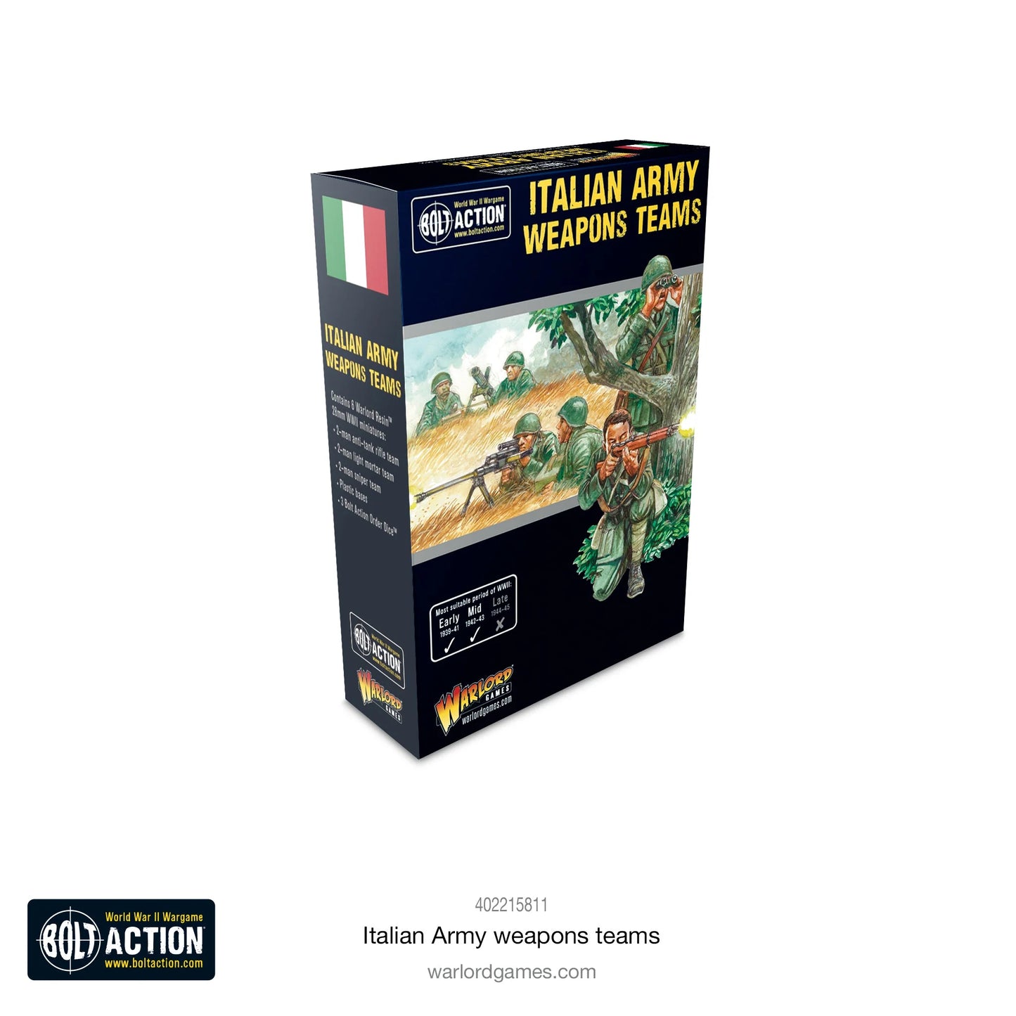 Italian Army Weapons Teams - Bolt Action 28mm - opakowanie produktu z ilustracją: włoscy żołnierze w mundurach grigio-verde obsługujący karabin przeciwpancerny Solothurn na kołowym wózku w terenie leśnym - zawiera 6 figurek żywicznych Warlord Resin, 3 kostki rozkazów - flaga włoska - Warlord Games