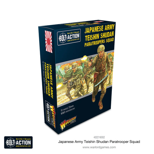 Japanese Army Teishin Shudan Paratrooper Squad Warlord Games 402216002 – pudełko zestawu Bolt Action, granatowe opakowanie z ilustracją szturmujących japońskich spadochroniarzy, logo Bolt Action i Warlord Games, napis "10 metal 28mm WWII miniatures"