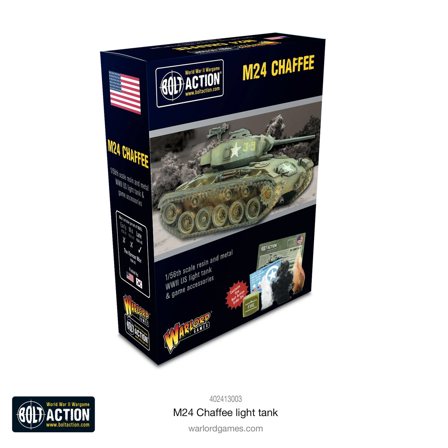 M24 Chaffee Light Tank Bolt Action - opakowanie Warlord Games z czołgiem lekkim USA 1/56, żywica i metal, kości zamówień