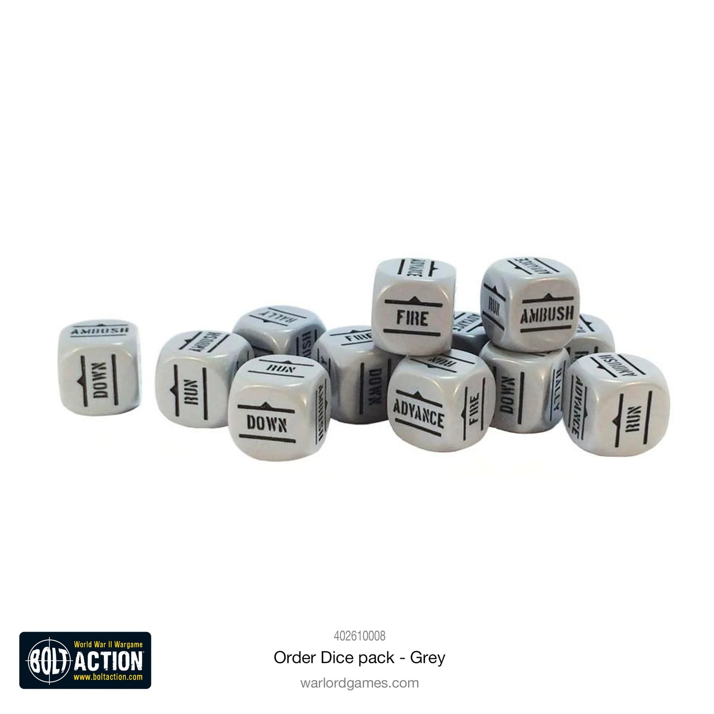 Kości Order Dice szare - Bolt Action 28mm - wszystkie symbole rozkazów widoczne - oficjalny produkt Warlord Games