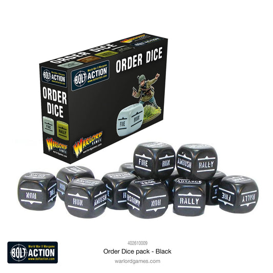 Order Dice Black - Bolt Action - zestaw 12 kostek do gry z wyraźnymi symbolami rozkazów - elegancki czarny kolor - Warlord Games