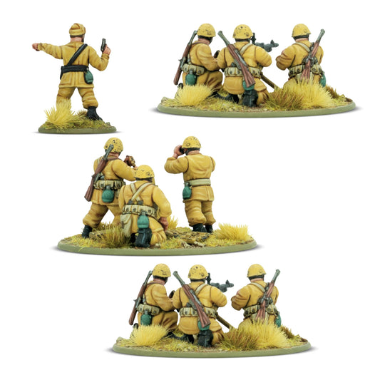 Italian Paracadutisti Heavy Weapons Platoon – od tyłu: detale mundurów M41, pasów i wyposażenia, 2x MMG Breda M37 i moździerz średni, skala 28mm Bolt Action