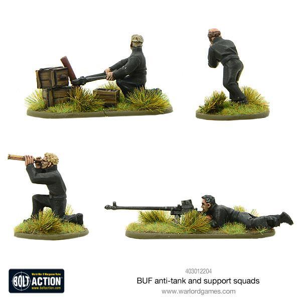 BUF Anti-Tank and Support Squads – zbliżenie na figurki obsługi karabinu Boys i moździerza rakietowego, metal 28mm