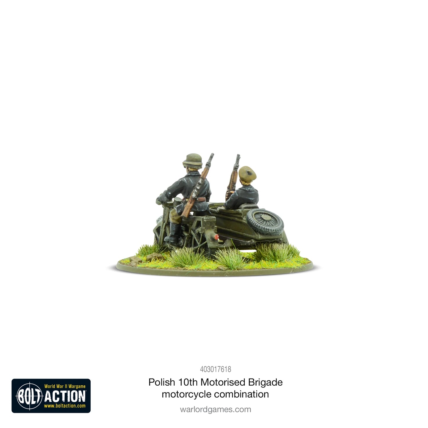 10. Brygada Kawalerii Zmotoryzowanej – motocykl z koszem, widok z tyłu, dwaj żołnierze z karabinami, model 28mm Bolt Action Warlord Games 403017618