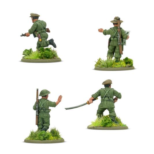 Warlord Games Gurkha Platoon Commanders – 4 figurki Warlord Resin 28mm od tyłu: oficer w berecie biegnący ze Stenem, oficer w kapeluszu z mapą wskazujący kierunek, sierżant w hełmie z karabinem i gestem stop, oficer w berecie z japońską szablą Shin Gunto, detale wyposażenia Bolt Action