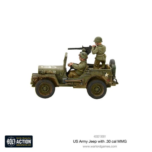 US Army Jeep Willys MB 1/56 - widok z prawej strony z karabinem .30 cal, załoga USA, kamuflaż zielony, weathering
