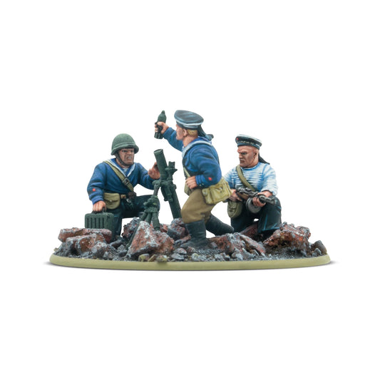 Warlord Games Soviet Naval Brigade Medium Mortar Team – 3 figurki obsługi moździerza 82mm, widok z boku 28mm Bolt Action