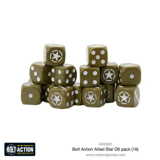 Bolt Action Allied Star D6 Pack - 16 kostek D6 olive drab z białymi kropkami ułożonych w piramidę - widoczne gwiazdy aliantów w kole zamiast 6 - czarna etykieta Bolt Action na dole - kod produktu 408403001 - www.warlordgames.com - Warlord Games