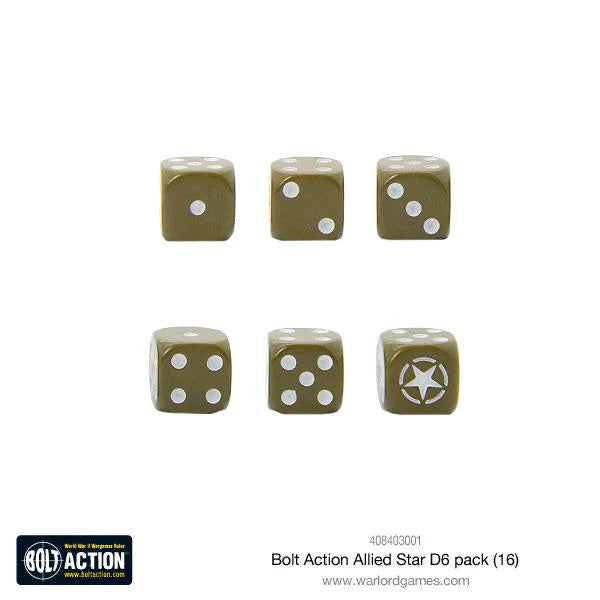 Bolt Action Allied Star D6 Pack - 6 kostek D6 olive drab z białymi kropkami ułożonych w dwa rzędy: górny rząd pokazuje ściany 1, 2, 3, dolny rząd pokazuje ściany 4, 5 i gwiazda aliantów w kole zamiast 6 - czarna etykieta Bolt Action na dole - kod produktu 408403001 - www.warlordgames.com - Warlord Games