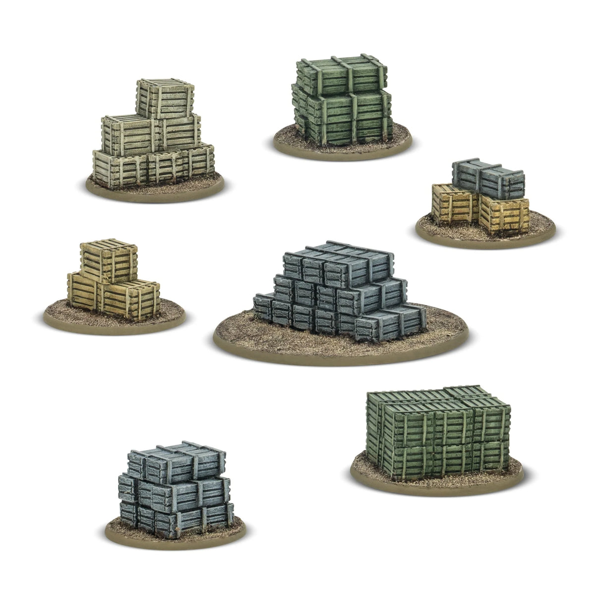 Warlord Games Bolt Action Objective Marker Set Crates – 7 markerów celów: stosy skrzynek wojskowych na podstawkach 28mm Bolt Action Konflikt 47