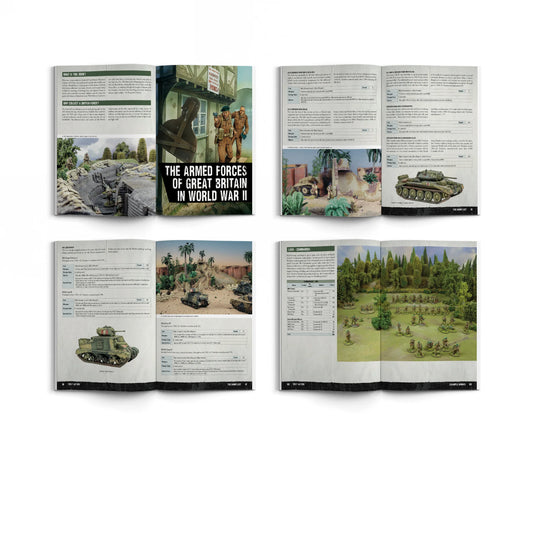Bolt Action Armies of Great Britain Third Edition 401011001 – cztery rozkładówki książki: górny rząd – strona The Armed Forces of Great Britain in World War II z fotografią stołu bitewnego i żołnierzami przy budynku oraz strona The Army List z profilami jednostek i czołgiem Cromwell; dolny rząd – strona z listami armii i czołgiem M3 Grant w scenerii pustynnej oraz strona Example Armies z listą 1,500 Commandos i stołem bitewnym z figurkami na zielonej macie, Warlord Games Osprey Games