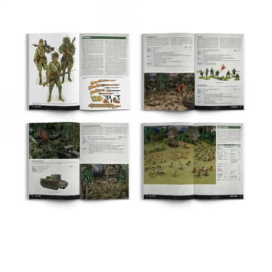 Bolt Action Armies of Imperial Japan Third Edition 401016001 – cztery rozkładówki książki: górny rząd – strona Paratroopers z ilustracjami mundurów i wyposażenia japońskich spadochroniarzy oraz strona The Army List z profilami jednostek i stołem bitewnym w dżungli; dolny rząd – strona z profilem Type 4 Ho-Ro i stołem bitewnym w dżungli oraz strona Sample Armies z listą Homeland Defence i stołem bitewnym z figurkami na zielonej macie, Warlord Games Osprey Games