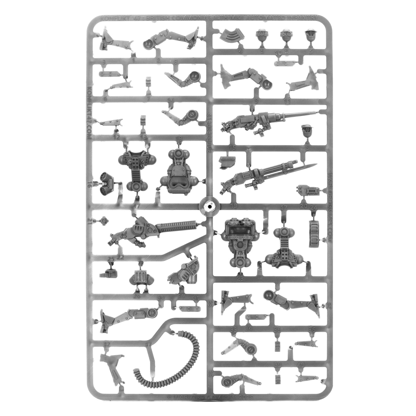 Mk II Heavy Automated Infantry – wypraska plastikowa z elementami do złożenia 4 figurek: korpusy, nogi, ramiona, Ciężkie Działko Automatyczne, Lekkie Działko Tesli M21 i węże kabli