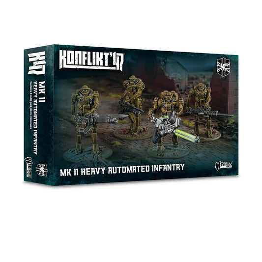 Mk II Heavy Automated Infantry – pudełko zestawu Konflikt '47 od Warlord Games z 4 pomalowanymi figurkami automatonów na tle zniszczonego miasta