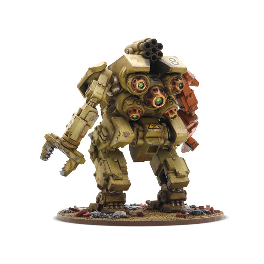Konflikt '47 Heuschrecke Medium Panzermech 452600202 – pomalowany żywiczno-metalowy mech Axis w żółto-piaskowym kamuflażu, widok z przodu: zielone oczy Rift w klatce piersiowej, pomarańczowe ramię z chwytakiem i działem, wyrzutnia rakiet na plecach z numerem 8, 28mm Konflikt '47 Warlord Games