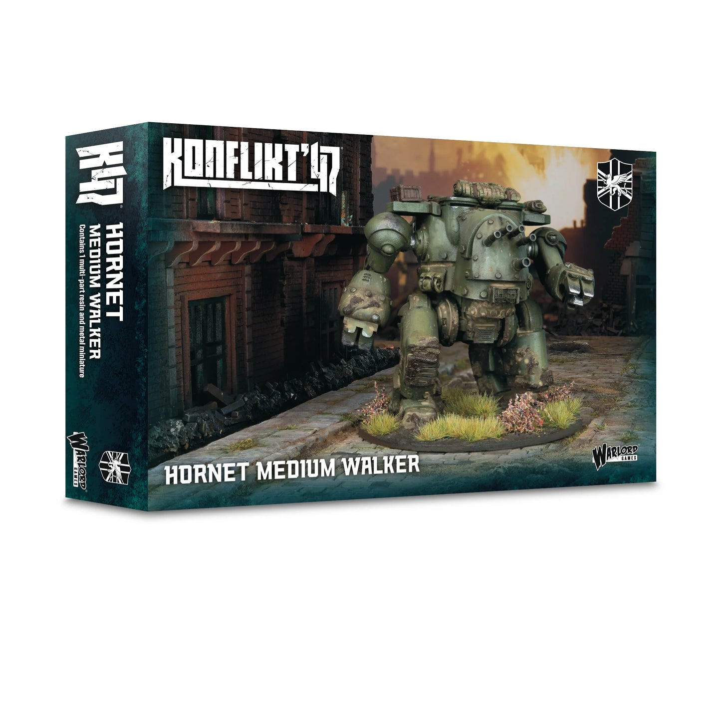 Pudełko Konflikt '47 Hornet Medium Walker 452600601 – ciemnozielone pudełko z logo Konflikt '47 i tarczą Commonwealth, ilustracja walkera kroczącego przez ruiny miejskie, napis Hornet Medium Walker Contains 1 multi-part resin and metal miniature, Warlord Games