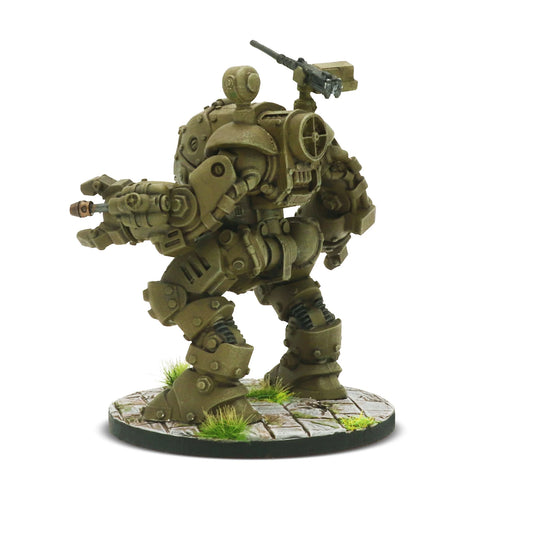 Konflikt '47 Guardian Light Walker 452600604 – widok z tyłu lewej strony: detale plecaka z okrągłym reaktorem i panelami, MMG na ramieniu, sferyczny sensor, podstawka z brukiem i trawą, 28mm Warlord Games