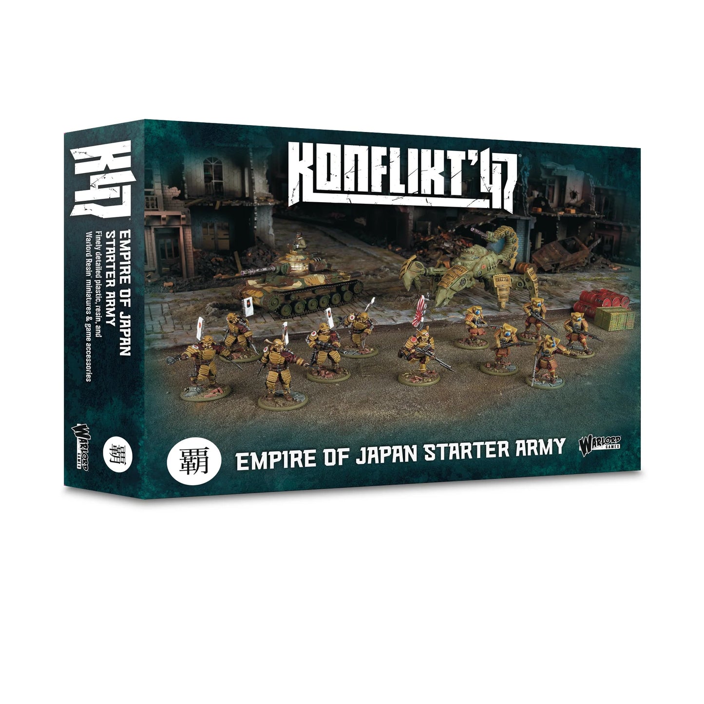 Pudełko Konflikt '47 Empire of Japan Starter Army 452601203 – ciemnozielone pudełko z logo Konflikt '47, ilustracja 12 figurek w złoto-brązowej zbroi samurajskiej z flagami Wschodzącego Słońca, Sasori Walker i Chi-Ha w tle na tle ruin miejskich, napis Empire of Japan Starter Army, japoński znak 覇, Warlord Games
