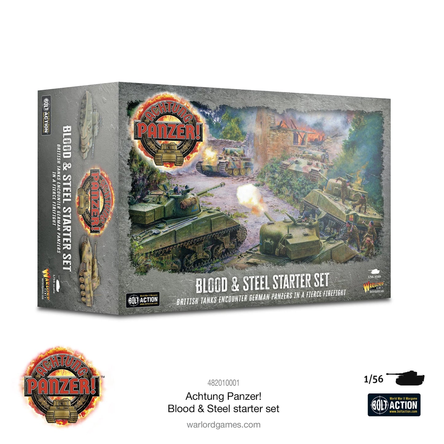 Achtung Panzer Blood & Steel 482010001 - pudełko starter set: logo Achtung Panzer, scena bitwy czołgów Sherman vs Panther w zniszczonym mieście z eksplozjami - BLOOD & STEEL STARTER SET - British tanks encounter German Panzers in a fierce firefight