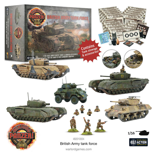 Achtung Panzer! British Army Tank Force Warlord Games – wszystkie 5 pojazdów zestawu: Churchill Mk III pustynny, Churchill Mk IV, Churchill AVRE, M10 Wolverine, Humber, 28mm 1:56