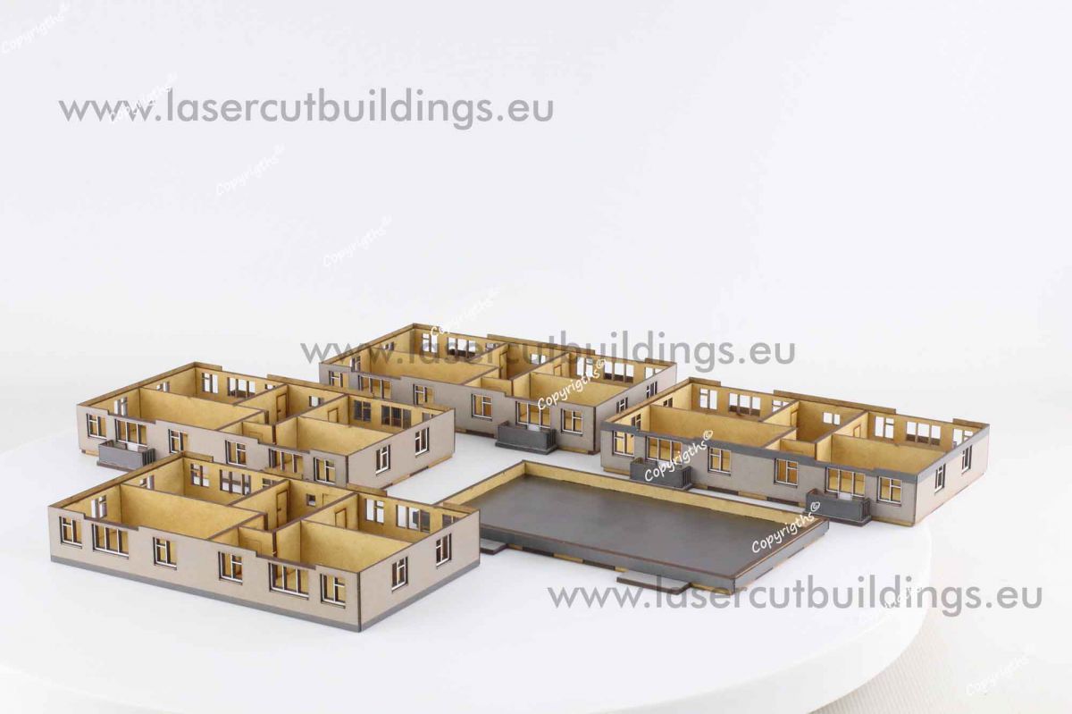 Blok z balkonami II LBHP0056b – widok z góry na wszystkie kondygnacje rozłożone osobno z widocznymi wnętrzami i układem pomieszczeń, 28mm Laser Cut Buildings