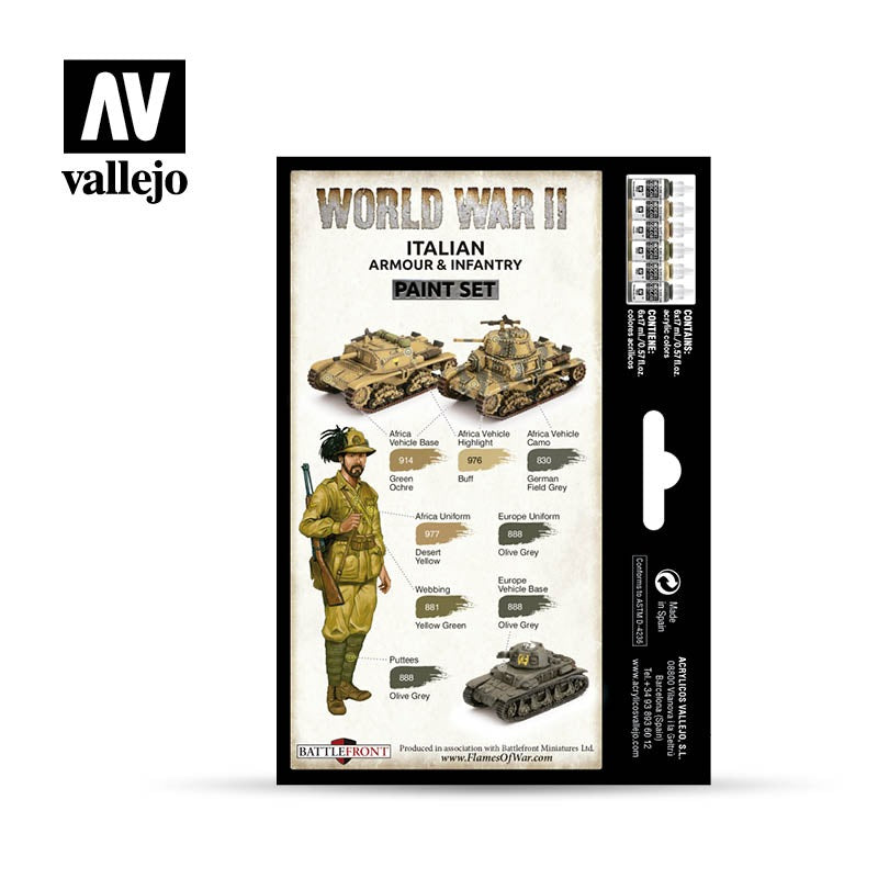 Vallejo 70209 WWII Italian Armour & Infantry Paint Set – tył pudełka z schematem malowania: pojazdy pustynne Afryki (Africa Vehicle Base/Highlight/Camo), mundur afrykański i europejski z przypisaniem 6 kolorów, Battlefront Miniatures