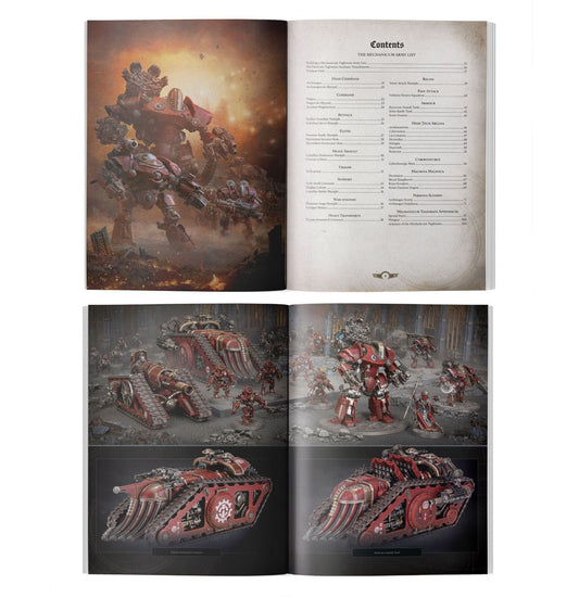Liber Mechanicum – rozkładówka ze spisem treści i galerią malowanych modeli Mechanicum, Horus Heresy