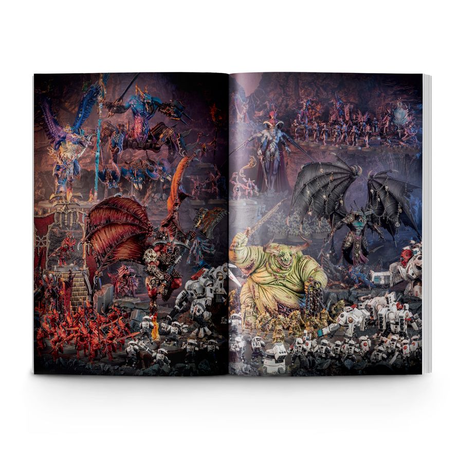 Getting Started with Warhammer 40,000 – rozkładówka magazynu: epicka bitwa armii Warhammer 40,000 – demony Chaosu, Tau, Tyranidy, Greater Daemon Nurgla i latające stworzenia Chaosu na tle mrocznej twierdzy, kolorowa ilustracja