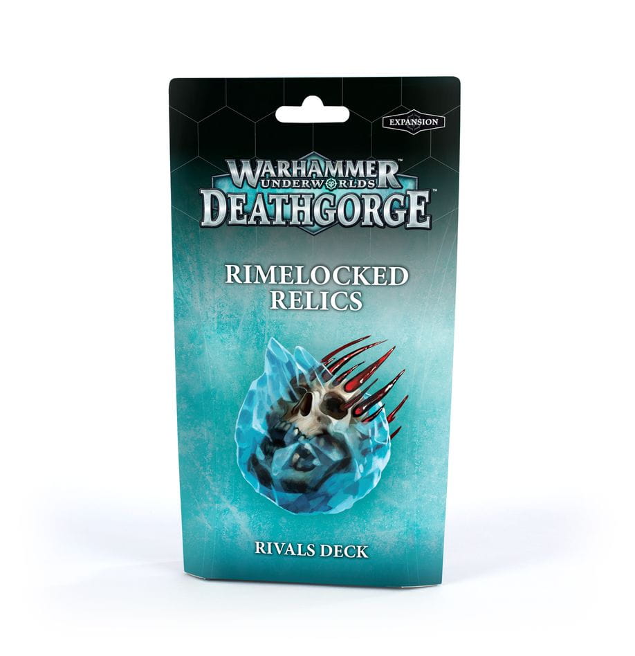 Warhammer Underworlds Deathgorge Rimelocked Relics Rivals Deck - pudełko talii kart z czaszką zamrożoną w turkusowym lodzie z czerwonymi szponami na turkusowo-szarym tle, napis Warhammer Underworlds Deathgorge Rimelocked Relics Rivals Deck, logo Expansion w prawym górnym rogu
