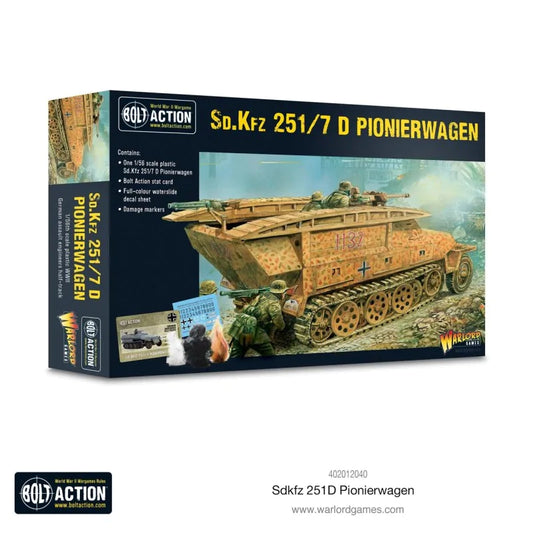 Sd.Kfz 251/7 D Pionierwagen Bolt Action - pudełko zestawu widok z przodu i boku, czarne z żółtym napisem Sd.Kfz 251/7 D PIONIERWAGEN, ilustracja półgąsienicowego transportera saperów dunkelgelb z rampami szturmowymi H32, zawartość: 1/56 scale plastic Sd.Kfz 251/7 D Pionierwagen, Bolt Action stat card, full-colour waterslide decal sheet, damage markers, logo Bolt Action i Warlord Games, kod 402012040
