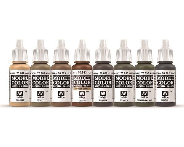 Vallejo 70220 World War III American Armour & Infantry Paint Set – 8 butelek Model Color 17ml: Dark Sand 847, Khaki 988, US Field Drab 873, Flat Earth 983, Olive Brown 889, US Dark Green 893, Refractive Green 890, Black Grey 862