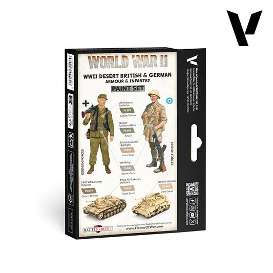 Vallejo 70208 WWII Desert British & German Armour & Infantry Paint Set – tył pudełka z schematem malowania: żołnierz Afrikakorps, żołnierz brytyjski 8. Armii, Panzer III i Grant z przypisaniem 6 kolorów, Vallejo