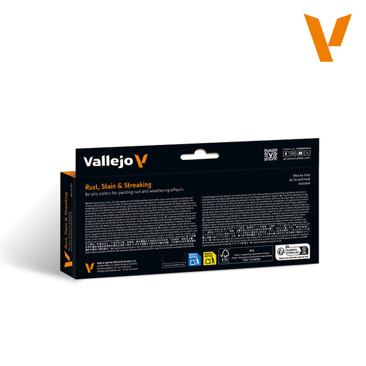 Vallejo 70183 Rust, Stain & Streaking Set – tył pudełka z opisem techniki weatheringu w 12 językach i instrukcją Scratchmod step by step, Vallejo