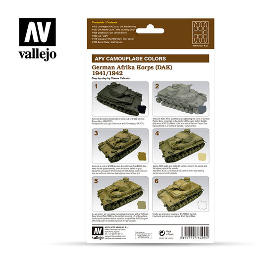 Vallejo 78409 AFV Camouflage Colors German Afrika Korps DAK 1941/1942 – tył pudełka z instrukcją step by step Chemy Cabrero: 6 etapów malowania Panzera III aerografem od German Panzer Grey po Matt Varnish, Vallejo