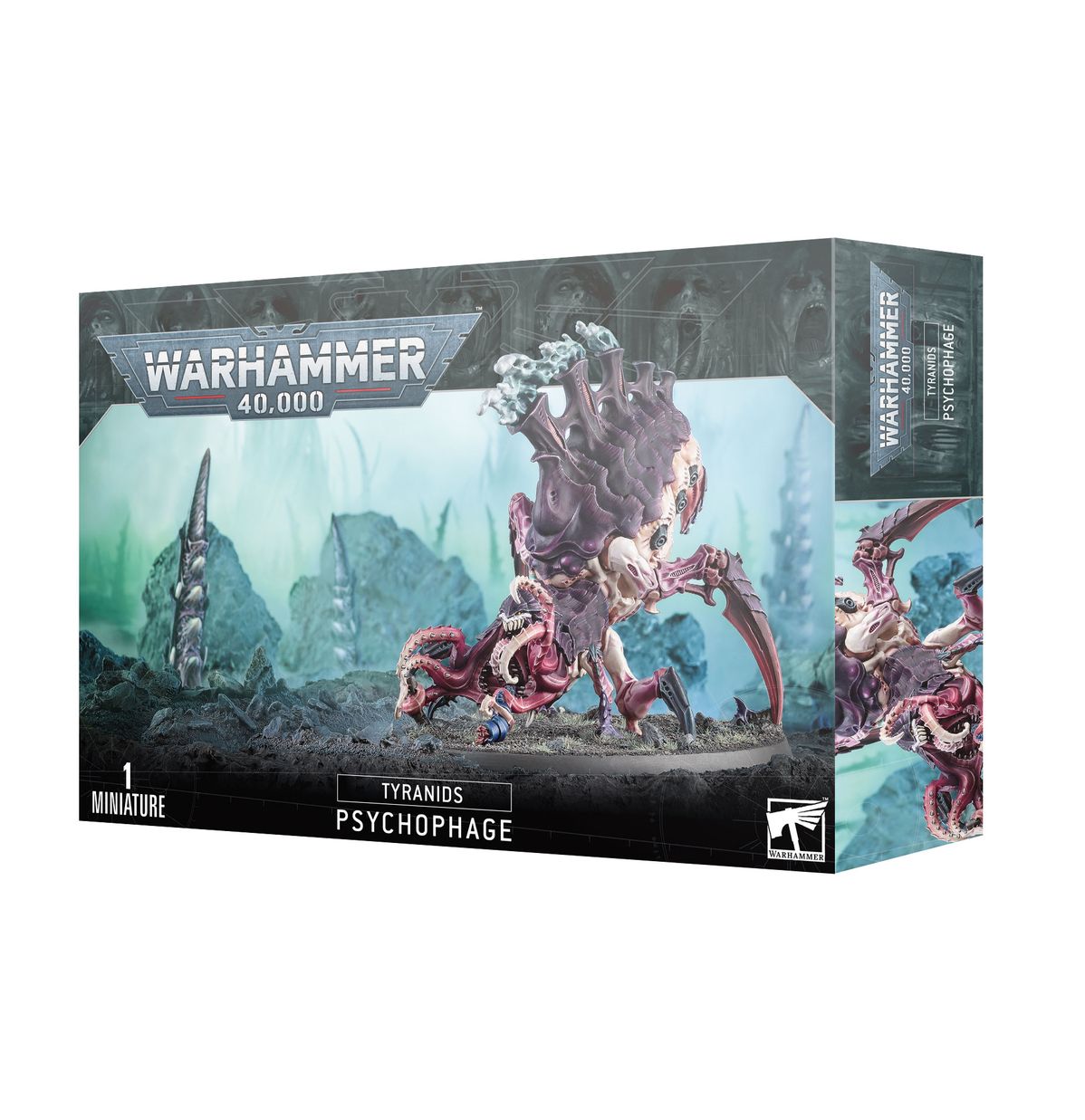 Psychophage - pudełko Warhammer 40000 Tyranids szaro-zielone 1 Miniature Psychophage fioletowo-różowe ciało grzbietowe kominy turkusowe tło skalne Warhammer 40K Games Workshop