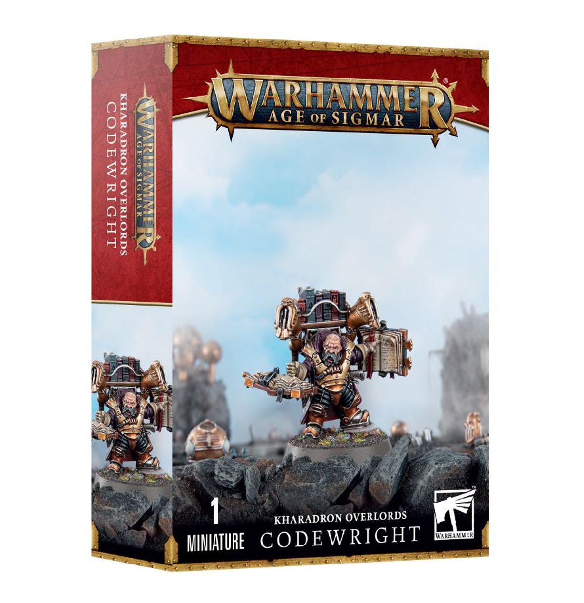 Kharadron Overlords Codewright - pudełko zestawu 1 miniatury Warhammer Age of Sigmar z krasnoludem w czarno-złotej zbroi z masywnym aparatem ledgerdomain na plecach na tle nieba i ruin, czerwono-złota ramka z logo Warhammer Age of Sigmar, napis 1 Miniature Kharadron Overlords Codewright