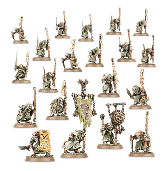 Plague Monks Skaven - 20 modeli z włóczniami i berłami, champion z chorągwią z czaszką i Doom Gong, Book of Woes po lewej - Warhammer Age of Sigmar