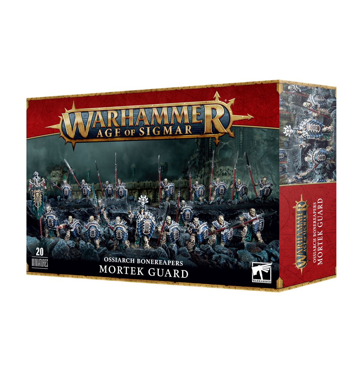 Ossiarch Bonereapers Mortek Guard - pudełko zestawu 20 miniatur Warhammer Age of Sigmar z ilustracją armii szkieletowych wojowników z włóczniami i tarczami