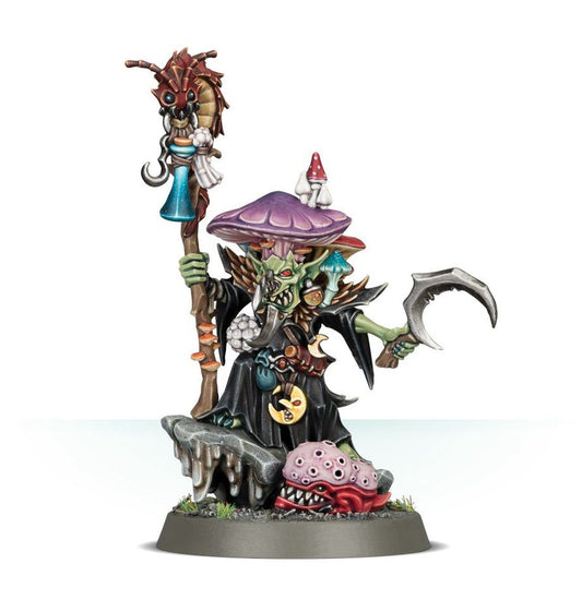 Snazzgar Stinkmullett - widok z boku z kosturem i moon-sickle Gloomspite Gitz