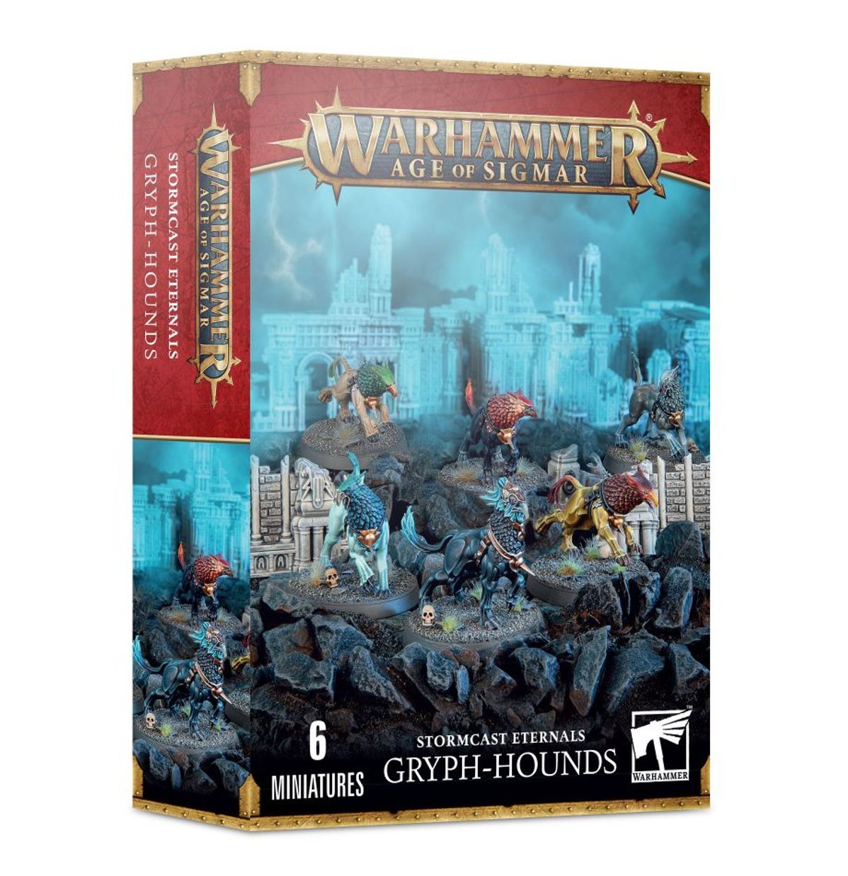 Stormcast Eternals Gryph-hounds - pudełko zestawu 6 miniatur Warhammer Age of Sigmar z sześcioma gryf-psami w różnych kolorach szarżującymi na tle ruin i mgły, czerwono-złota ramka z logo Warhammer Age of Sigmar, napis 6 Miniatures Stormcast Eternals Gryph-hounds
