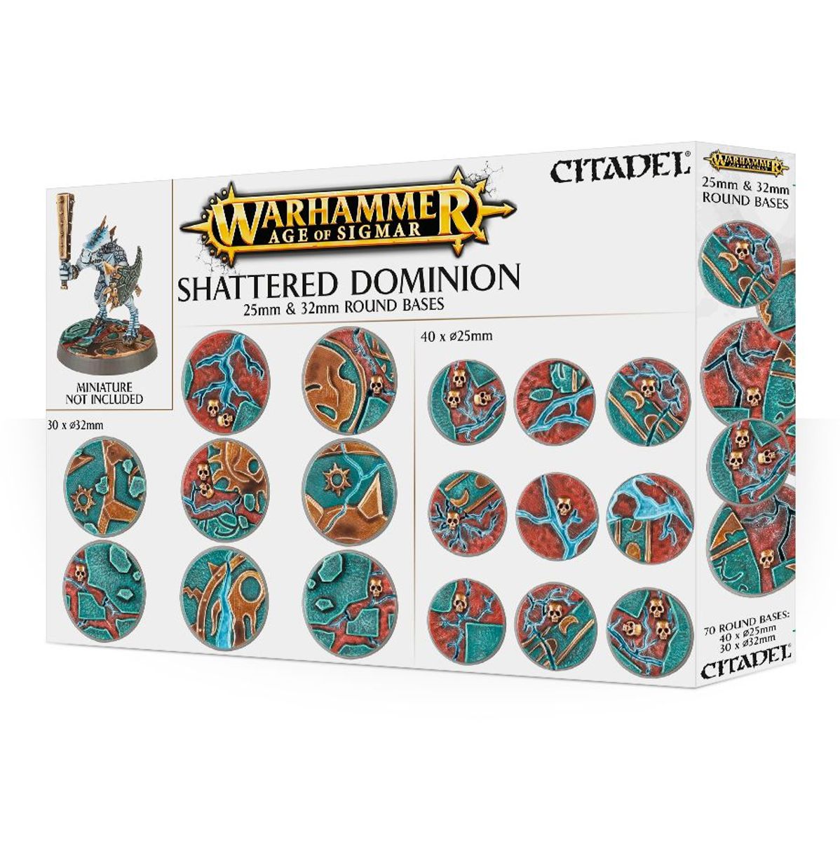 Citadel Shattered Dominion 25mm & 32mm Round Bases - pudełko zestawu 70 podstawek Warhammer Age of Sigmar z przykładowymi podstawkami z czerwono-turkusowym wzorem ruin, napis 40x25mm i 30x32mm Round Bases, logo Citadel i Warhammer Age of Sigmar