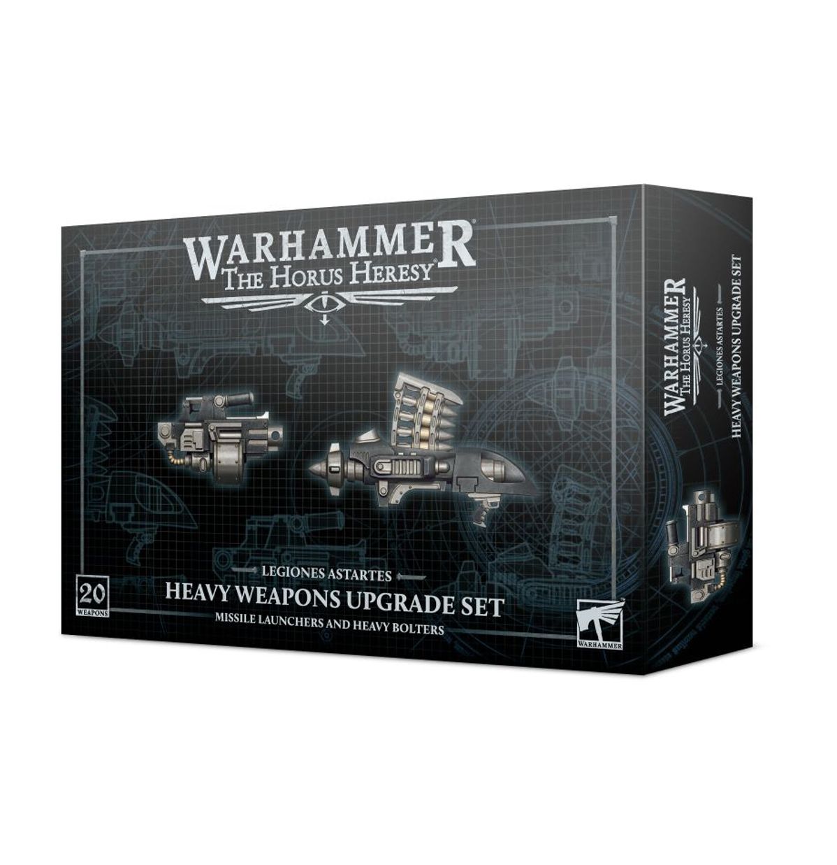 Heavy Weapons Upgrade Set Missile Launchers and Heavy Bolters - pudełko Warhammer The Horus Heresy Legiones Astartes czarne z ilustracją 3 broni heavy bolter i missile launcher na tle schematu technicznego 20 Weapons Games Workshop