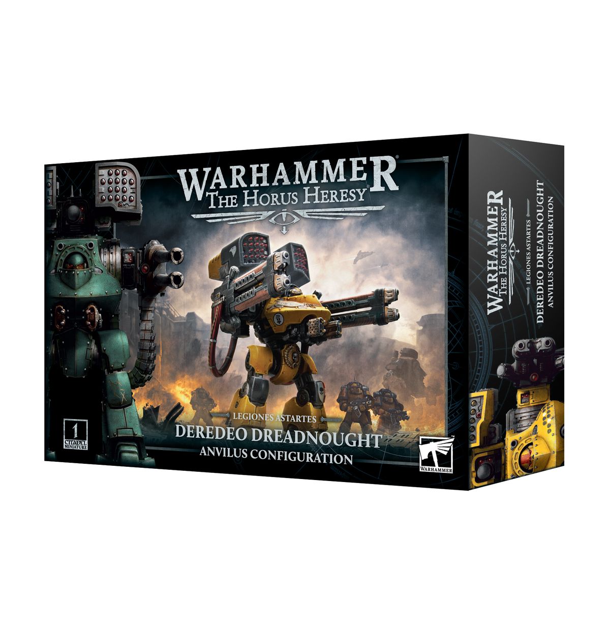 Deredeo Dreadnought Anvilus Configuration - pudełko Warhammer The Horus Heresy Legiones Astartes ciemnoszare ilustracja żółtego Deredeo Imperial Fists z hellfire plasma cannonade i Aiolos missile launcher na płonącym polu bitwy turkusowy Deredeo Sons of Horus po lewej 1 Citadel Miniature Games Workshop