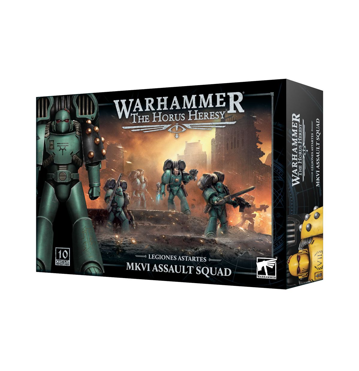 Legion MKVI Assault Squad - pudełko Warhammer The Horus Heresy Legiones Astartes czarne z ilustracją Space Marines z jump packami w płonących ruinach 10 Citadel Miniatures Games Workshop