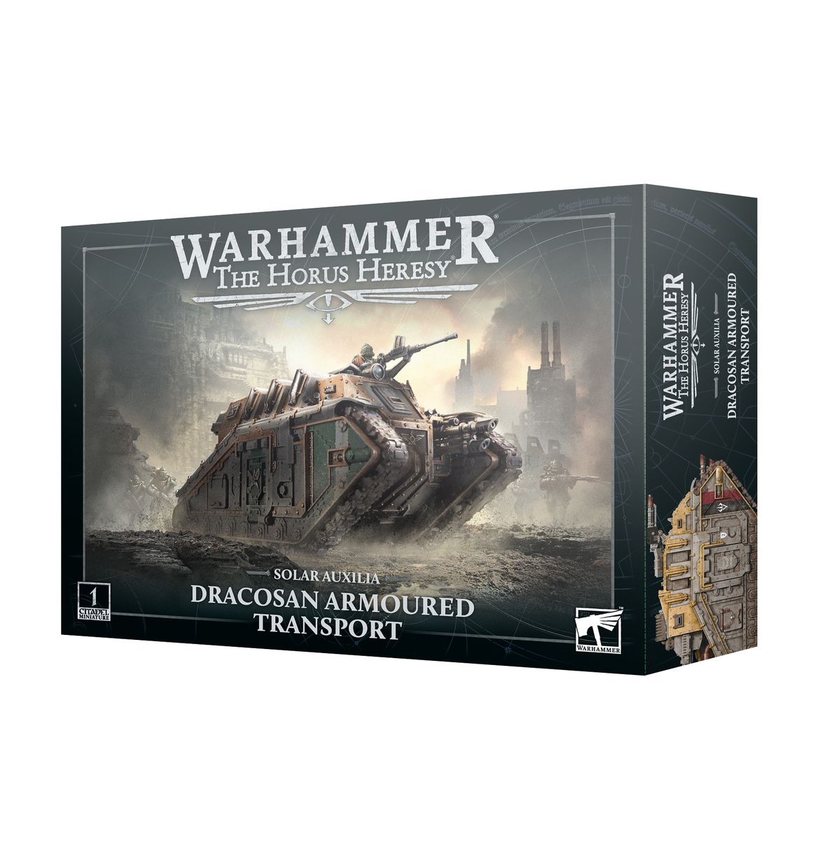 Dracosan Armoured Transport - pudełko Warhammer The Horus Heresy Solar Auxilia czarne z ilustracją masywnego transportera w mglistym polu bitwy z ruinami gunner na górze 1 Citadel Miniature Games Workshop