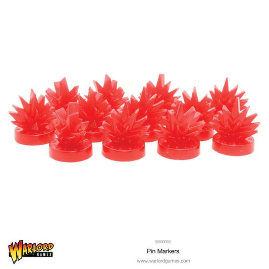 Warlord Games Pin Markers - 12 czerwonych plastikowych markerów przypięcia w kształcie eksplozji z okrągłymi podstawkami na białym tle - logo Warlord Games - śledzenie poziomu stresu i dezorganizacji oddziałów - akcesoria Bolt Action - www.warlordgames.com