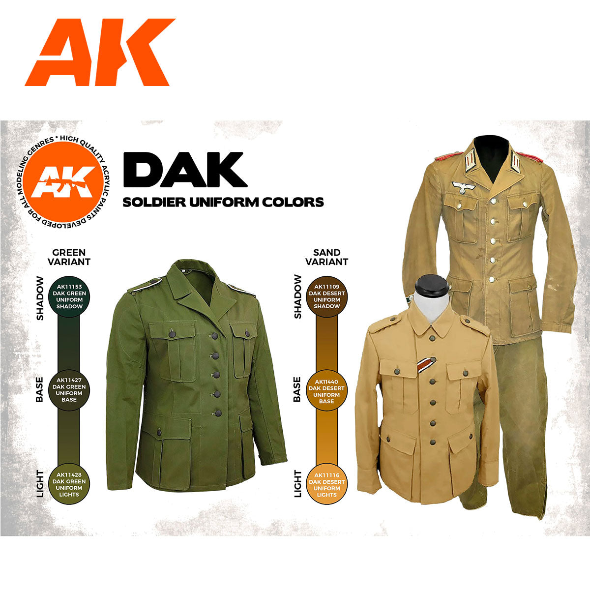 DAK Soldier Uniform Colors AK11628 - karta kolorów Green Variant i Sand Variant z prawdziwymi mundurami DAK: AK11153, AK11427, AK11428, AK11109, AK11440, AK11116 - AK Interactive